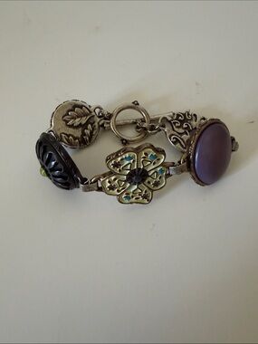 Vintage Lucky Brand Silver-Tone Floral Charm Bracelet with Purple Cabochon